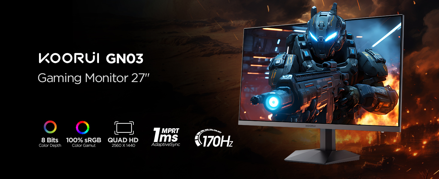 KOORUI 27 inch 1440P WQHD Gaming Monitor,Up to 170Hz Refresh Rate